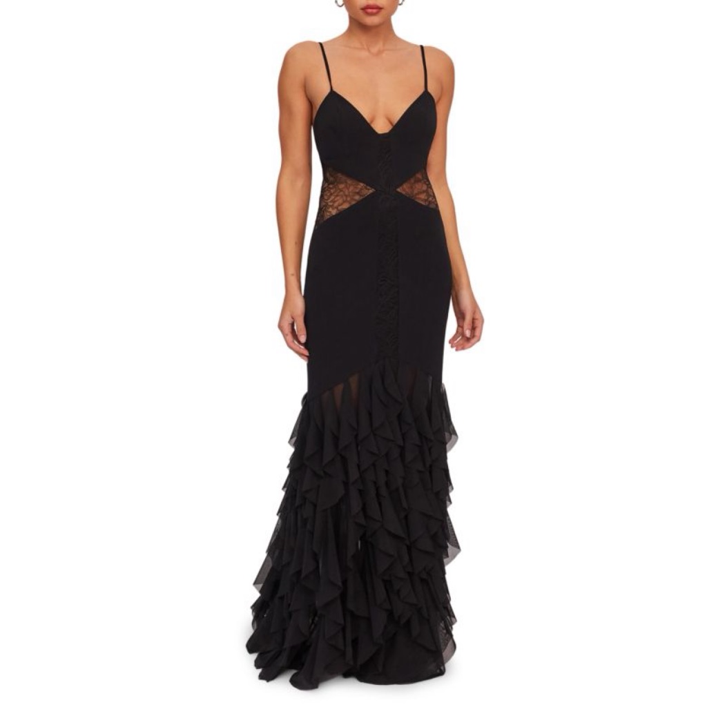 Fame And Partners X Free People Tiered Floor-Length Gown Dress With Black Lace